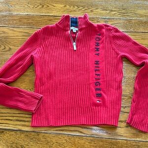 Tommy Hilfiger red and blue cotton pullover sweater. Zip at neck. Size Large.